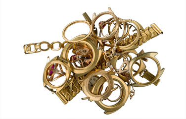 A scrap of gold. Old and broken jewellery, watches of gold and gold-plated isolated on a white...