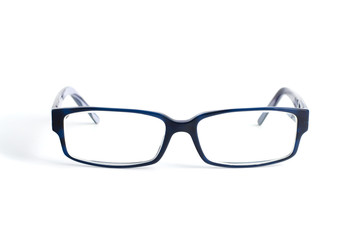 Stylish blue glasses with diopter lenses isolated on white background