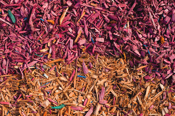 Textured background decorative colored sawdust for finishing flowerbeds in the winter season. Yellow red sawdust