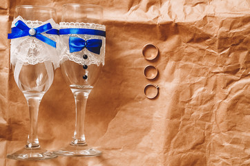 handmade. decor. decorated wine glasses for the wedding. glasses for two. newlyweds. three rings. Wedding, Wedding Cerimony
