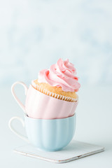 Cupcake with pink cream decoration in two cups on blue pastel background.