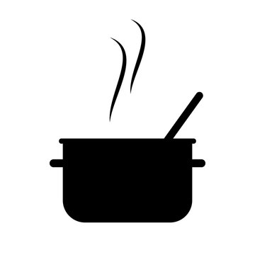 Simple, flat, hot, black cooking pot silhouette. Isolated on white