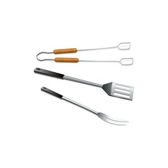 Set of realistic barbecue utensils. BBQ tools icons fork, kitchen spade and clamp vector illustration