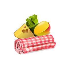 Cheese, salad, mango and picnic towel isolated on white background. Vector realistic illustration
