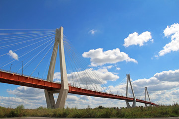 Fototapeta na wymiar Summer landscape with a view of the cable-stayed bridge on the river Oka, Murom, Russia.