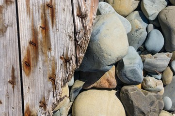 driftwood, washed up by the sea on a pebble beach