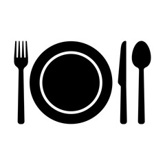 Dishware symbol icons. Fork, spoon knife and a plate icons. Meal symbol.