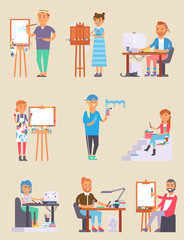 Young vector artist designer creative people in studio during pain work. Portrait drawing female artist creative people vector. Colorful adult painter artist creative people girl with paintbrush