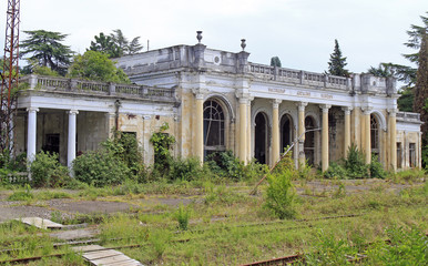 abandoned building of train station in Abkhazia - 198386197