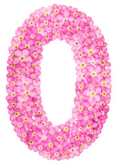 Arabic numeral 0, zero, from pink forget-me-not flowers, isolated on white background