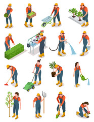 Isometric set of characters of gardeners, farmers and workers caring for the garden, growing agricultural products. Gardening character isolated on white background, vector illustration