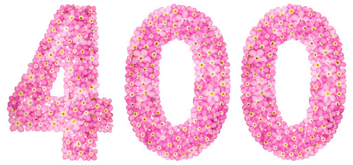 Arabic numeral 400, four hundred, from pink forget-me-not flowers, isolated on white background