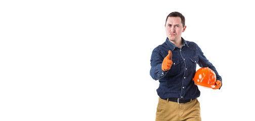Portrait of  repairman (builder) with helmet gesturing okay isolated on white background. Copy space