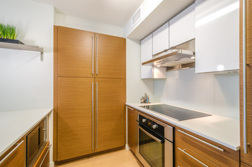 Modern, bright, clean, kitchen interior with stainless steel appliances and wooden cabinets in a luxury house.