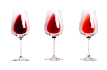 Different sorts of red wine. Array of various types of wine. Wine glasses isolated on white background