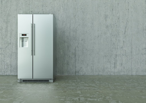 Modern Stainless Steel Refrigerator on a concrete wall and floor - 3D Rendering