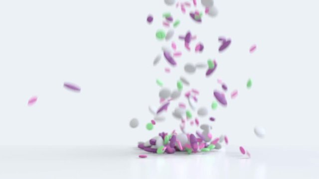 3D Animation of Medical Pills slow motion falling down and landing.	