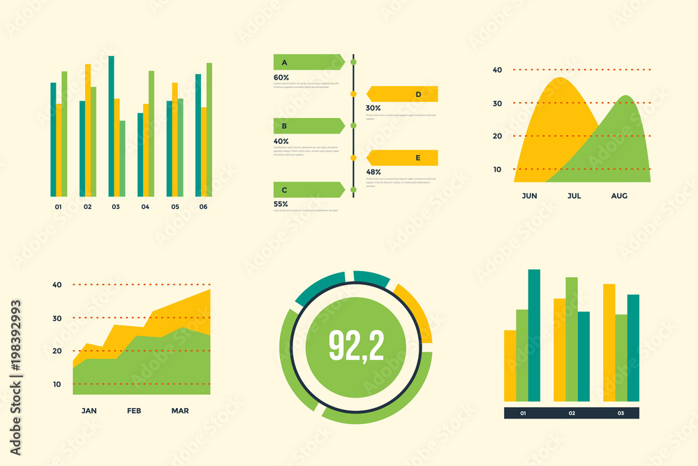 Wall mural infographic vector element set. color business graph report, information data statistic. bar graph, 