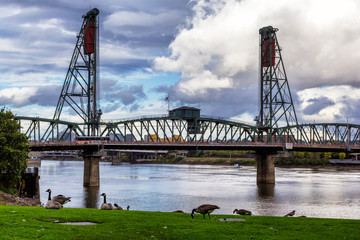 Hawthorne Bridge - a truss bridge with a vertical lift that spans the Willamette River in Portland, Oregon