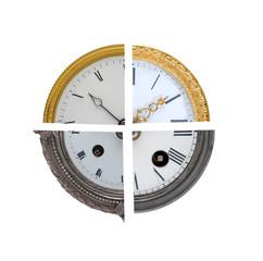 Pieces of the dial of different old clocks on a white background.