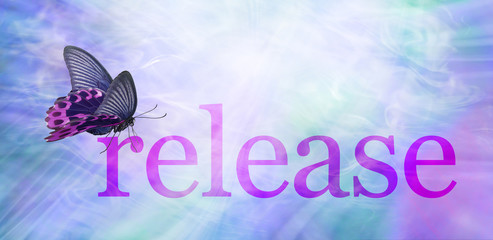 The Butterfly Symbolizes Release - a pink and black butterfly sitting on the word RELEASE gazing into  a bright white ethereal light surrounded by purple blue and green flowing energy   © Nikki Zalewski
