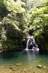 Fototapeta na wymiar Akame 48 Waterfalls: Mysterious scenery with giant trees & huge moss covered rock formations, untouched nature, lush green vegetation, cascading waterfalls & natural pools in rural Japan near Osaka