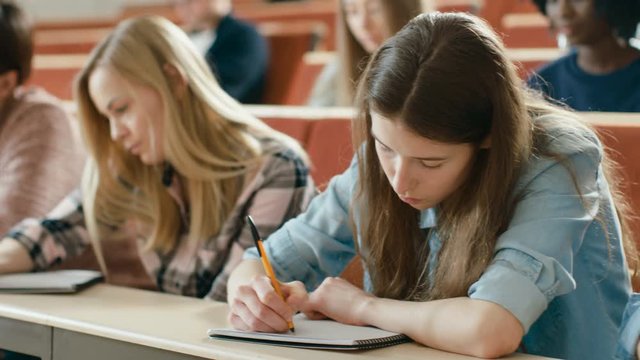Row of Multi Ethnic Students in the Classroom Taking Exam/ Test/ Writing in Notebooks. Bright Young People Study at the University. Shot on RED EPIC-W 8K Helium Cinema Camera.