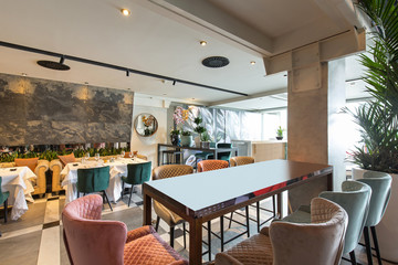 Interior of a new luxury restaurant in the morning