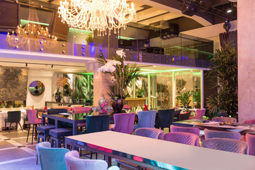 Interior of a new luxury restaurant in the evening