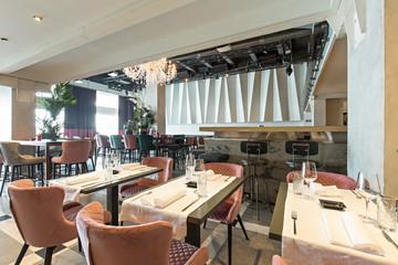 Interior of a new luxury restaurant in the morning