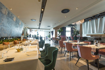 Interior of a new luxury restaurant in the morning