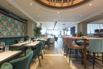 Interior of a new luxury restaurant in the morning