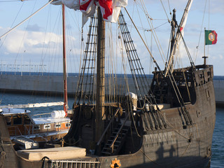 Reproduction Galleon taking tourists on a pirate cruise in the sea around Funchal on the island of...