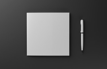 Blank photorealistic booklet with pen mockup isolated on black background, 3D illustration.