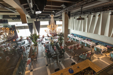 Interior of a new luxury restaurant in the morning