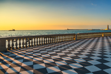 Mascagni Terrazza terrace and harbour entrance at sunset. Livorno Tuscany Italy