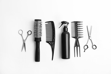 Professional hairdresser tools on white background