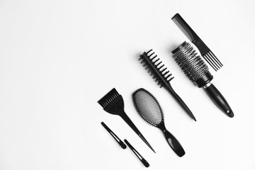 Professional hairdresser tools on white background