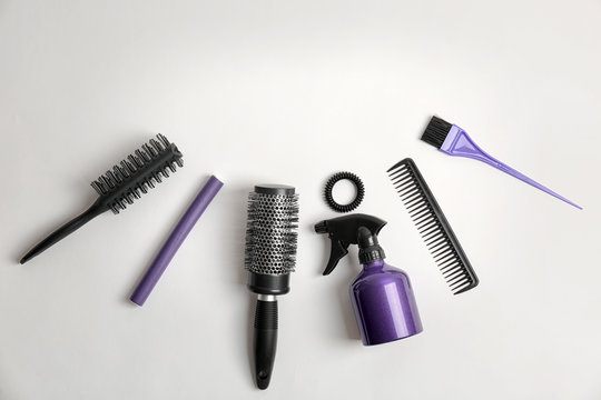 Professional hairdresser tools on white background