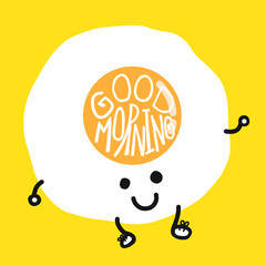 Fired egg smile cartoon and good morning word  on yellow background vector illustration