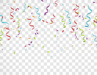 Falling Festive Colorful bright Confetti isolated on Transparent background. 