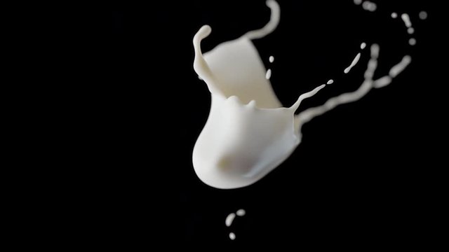 Cg animation of two milk drops colliding splash on black background. Slow motion with speed ramping. Has alpha matte.