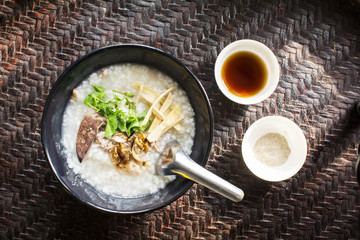 Asian style food eaten with soft boiled rice