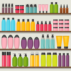 Colorful vector shop shelves with cosmetic bottles. Set for beauty and cleanser, skin and body care. Flat design