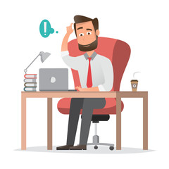 smiling businessman is sitting and working on a laptop computer in his office