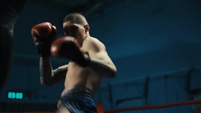 Handheld shot of serious shirtless man in gloves working out in gym and training attack techniques of Thai box with bag.