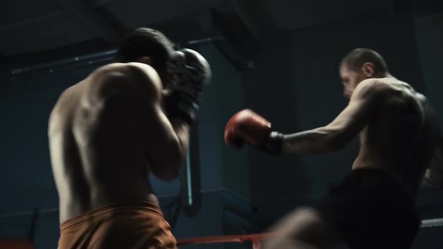 Handheld shot of two shirtless men in boxing gloves fighting and training Thai box moving on square ring.