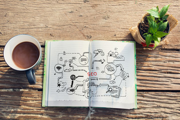 Notebook with Tolls and Notes about SEO,concept