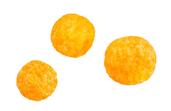 Delicious crispy Cheese ball in paper bucket isolated on white background, Cheese  ball or cheesy puffs on white With clipping path. Stock Photo