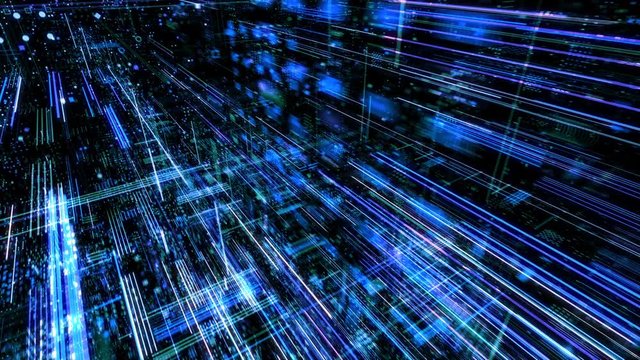 Abstract digital abstract virtual city. Scanning city for hackers attack concept. Software developer, programming, binary computer code with technology and connection concept. 3D render 4K loop